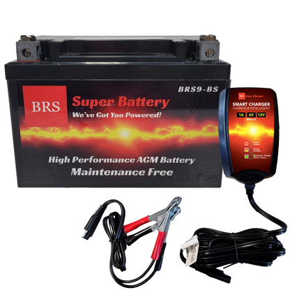 High Performance BRS9-BS 2 Year Warranty & Smart Charger / Maintainer Combo Bundle Kit 12v Sealed AGM PowerSports Battery