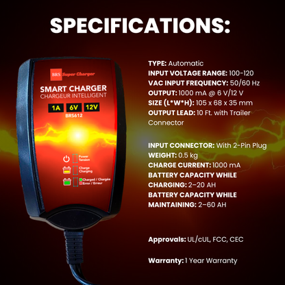 BRS Super Charger BRS612 - 6V/12V Trickle Charger - Battery Maintainer & Rejuvenator