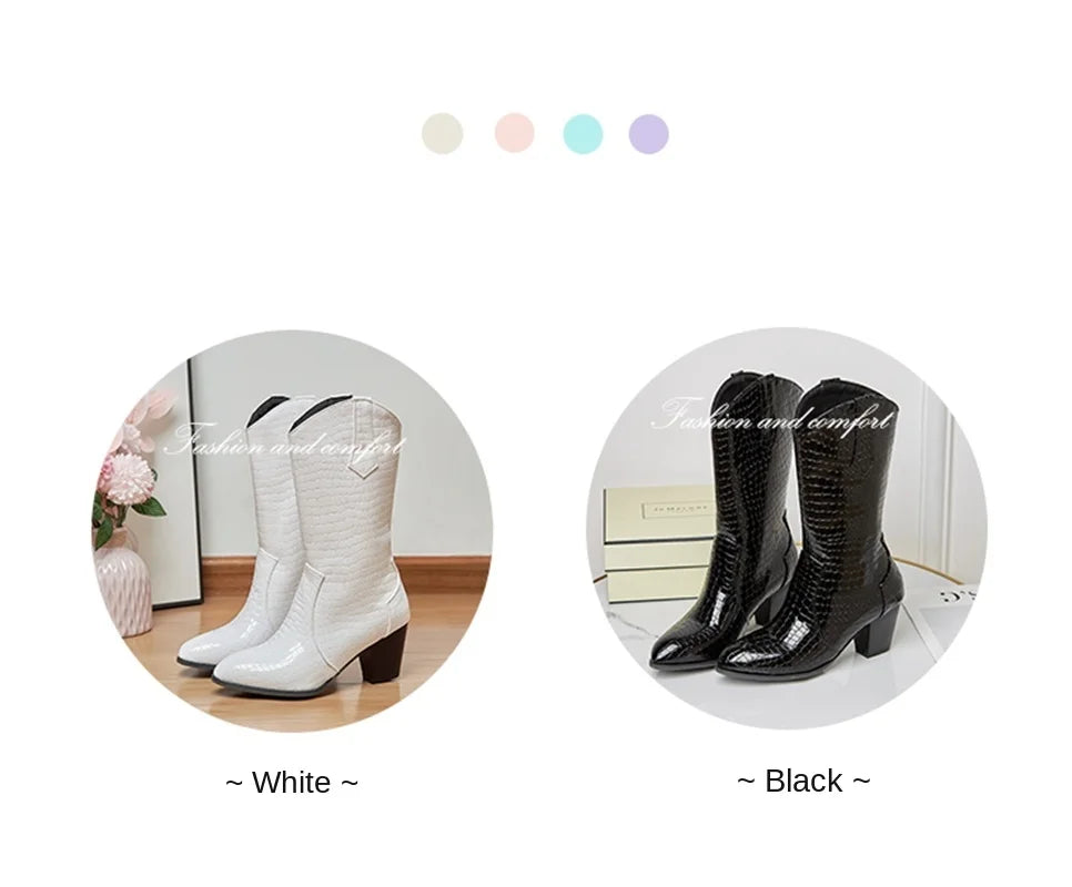 Botas De Mujer Western Cowboy Boots for Women PU Leather Chelsea Boots High Heels Gothic Platform Shoes Big Size 46 47 48 307-1