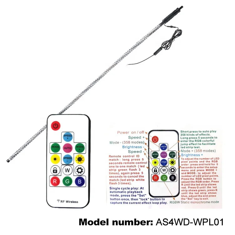 Remote Control Antenna RGB 360 Degree Spiral 1.5m 5ft LED Whip Lights for ATV UTV 4WD