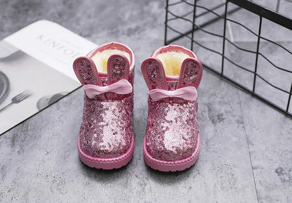 Girls Snow Boots Kids Ankle Boots Autumn Winter Fashion Princess Cute Rabbit Ear with Glitter Sequins Warm Thick Plush Cotton