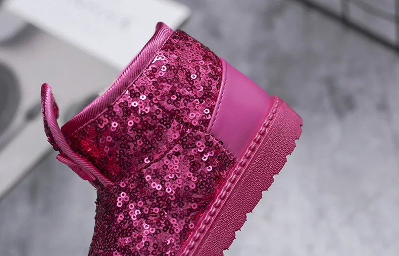 Girls Snow Boots Kids Ankle Boots Autumn Winter Fashion Princess Cute Rabbit Ear with Glitter Sequins Warm Thick Plush Cotton