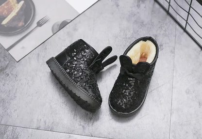 Girls Snow Boots Kids Ankle Boots Autumn Winter Fashion Princess Cute Rabbit Ear with Glitter Sequins Warm Thick Plush Cotton