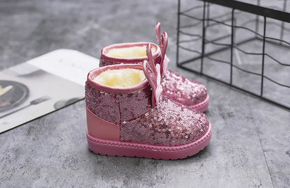 Girls Snow Boots Kids Ankle Boots Autumn Winter Fashion Princess Cute Rabbit Ear with Glitter Sequins Warm Thick Plush Cotton