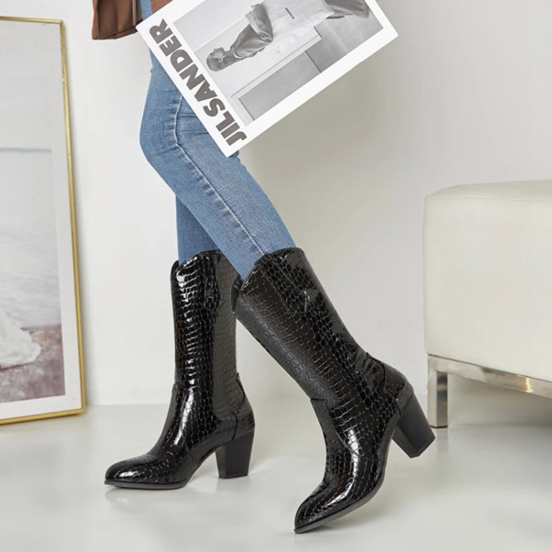 Botas De Mujer Western Cowboy Boots for Women PU Leather Chelsea Boots High Heels Gothic Platform Shoes Big Size 46 47 48 307-1