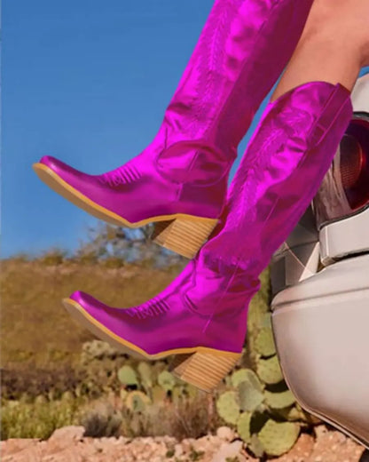 Bottes métallisées rose vif pour femme, chaussures d'hiver 2023, bottes hautes brodées à la mode, bottes de cowboy pour dames, SC4840