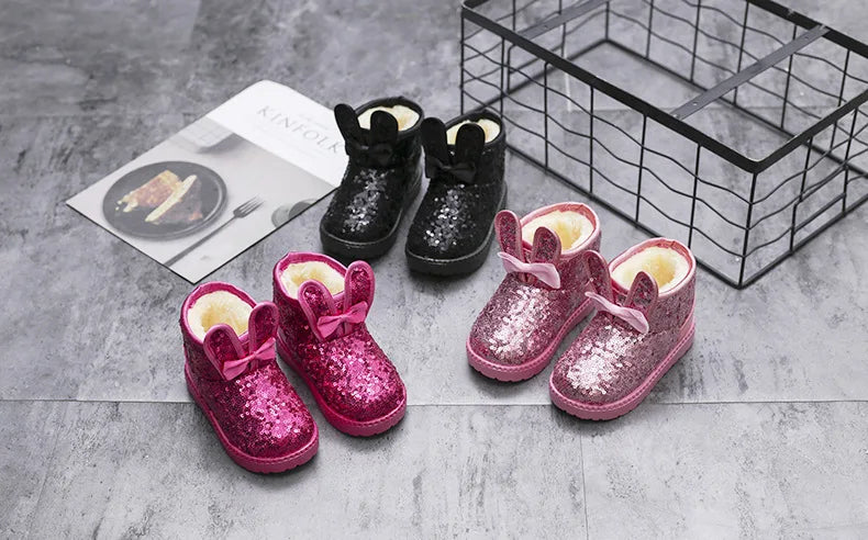 Girls Snow Boots Kids Ankle Boots Autumn Winter Fashion Princess Cute Rabbit Ear with Glitter Sequins Warm Thick Plush Cotton