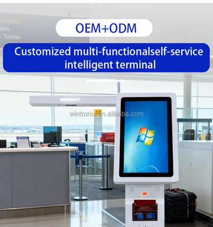 Passport Reader Encrypted Keyboard Barcode Reader Fingerprint Scanner Floor Standing Baggage Scale Airport Self-Service Kiosk