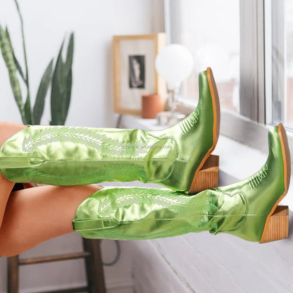 Bottes métallisées rose vif pour femme, chaussures d'hiver 2023, bottes hautes brodées à la mode, bottes de cowboy pour dames, SC4840