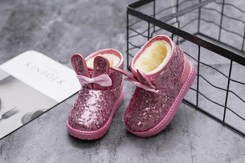 Girls Snow Boots Kids Ankle Boots Autumn Winter Fashion Princess Cute Rabbit Ear with Glitter Sequins Warm Thick Plush Cotton