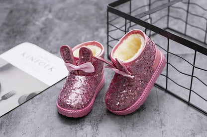 Girls Snow Boots Kids Ankle Boots Autumn Winter Fashion Princess Cute Rabbit Ear with Glitter Sequins Warm Thick Plush Cotton