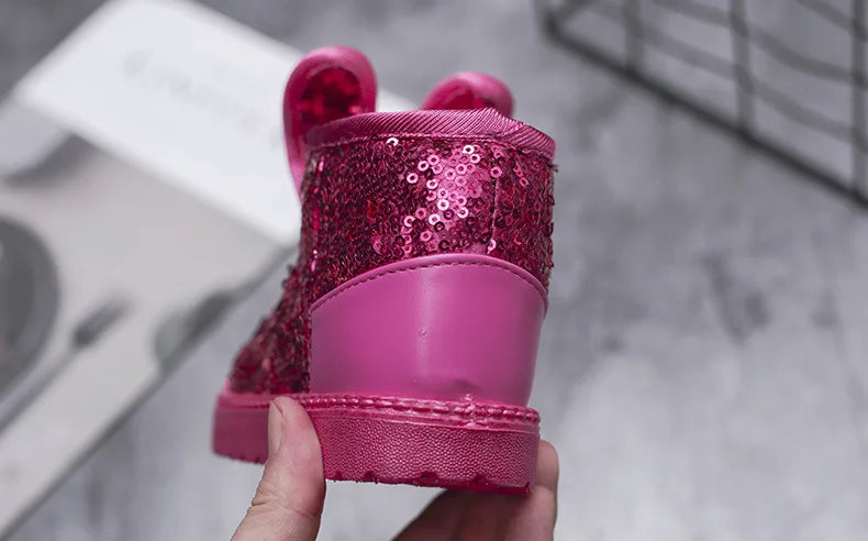 Girls Snow Boots Kids Ankle Boots Autumn Winter Fashion Princess Cute Rabbit Ear with Glitter Sequins Warm Thick Plush Cotton