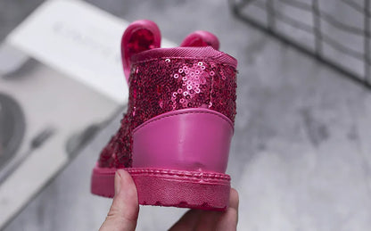 Girls Snow Boots Kids Ankle Boots Autumn Winter Fashion Princess Cute Rabbit Ear with Glitter Sequins Warm Thick Plush Cotton