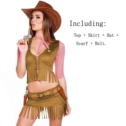 Carnival Halloween Lady Sexy West Cowboy Costume Prairie Pioneer Cowgirl Tassels Clubwear Roleplay Cosplay Party Fancy Dress