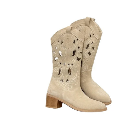 Bottes de chevalier brodées à talons épais pour femmes, chaussures décontractées ajourées et tendance, bottes polyvalentes en denim à semelle intermédiaire