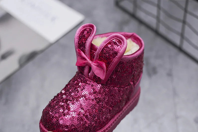 Girls Snow Boots Kids Ankle Boots Autumn Winter Fashion Princess Cute Rabbit Ear with Glitter Sequins Warm Thick Plush Cotton
