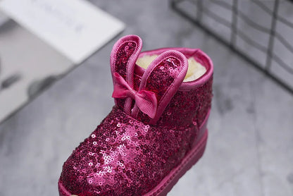 Girls Snow Boots Kids Ankle Boots Autumn Winter Fashion Princess Cute Rabbit Ear with Glitter Sequins Warm Thick Plush Cotton