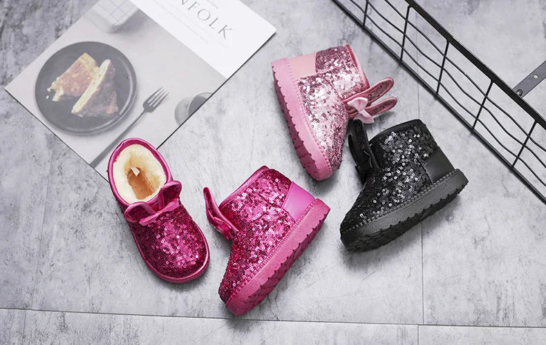 Girls Snow Boots Kids Ankle Boots Autumn Winter Fashion Princess Cute Rabbit Ear with Glitter Sequins Warm Thick Plush Cotton