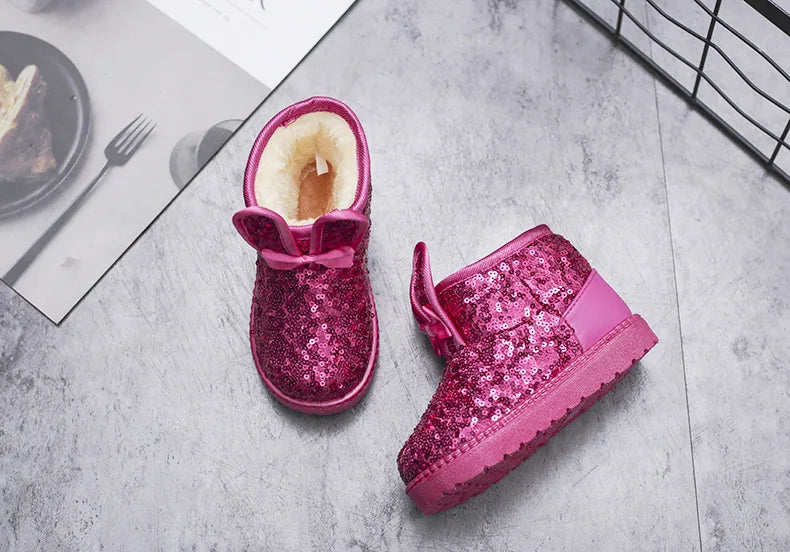 Girls Snow Boots Kids Ankle Boots Autumn Winter Fashion Princess Cute Rabbit Ear with Glitter Sequins Warm Thick Plush Cotton