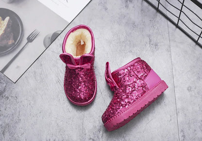 Girls Snow Boots Kids Ankle Boots Autumn Winter Fashion Princess Cute Rabbit Ear with Glitter Sequins Warm Thick Plush Cotton