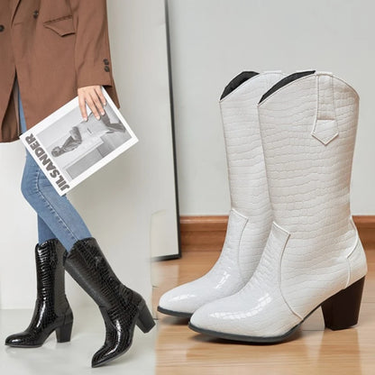 Botas De Mujer Western Cowboy Boots for Women PU Leather Chelsea Boots High Heels Gothic Platform Shoes Big Size 46 47 48 307-1