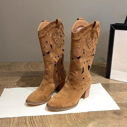 Bottes de chevalier brodées à talons épais pour femmes, chaussures décontractées ajourées et tendance, bottes polyvalentes en denim à semelle intermédiaire