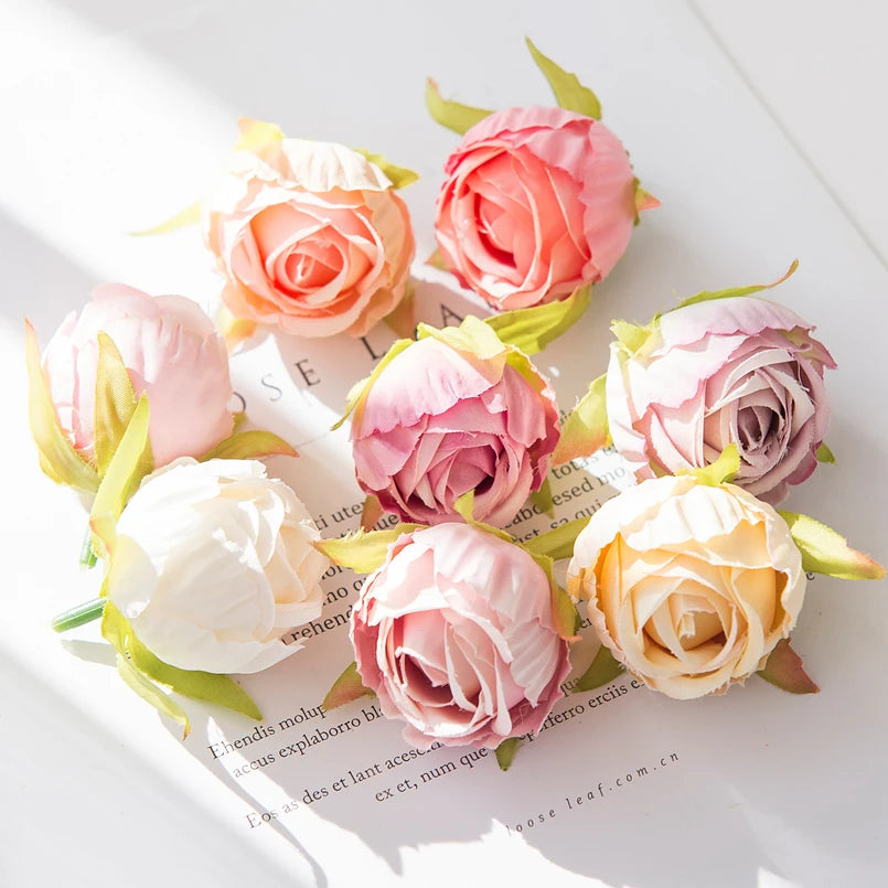 10Pcs Silk Tea Buds Roses Head Wedding Decorative Wreaths Valentine Decora Home Room Diy Gift Box Fake Plants Artificial Flowers