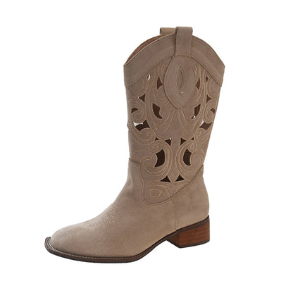 Bottes de chevalier brodées à talons épais pour femmes, chaussures décontractées ajourées et tendance, bottes polyvalentes en denim à semelle intermédiaire
