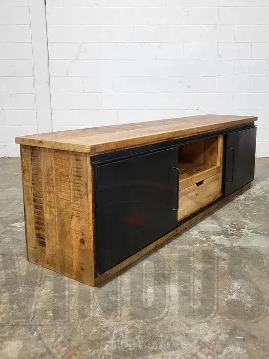 Meuble télé en bois de manguier avec 2 portes coulissantes en acier