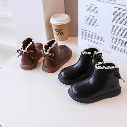 2024 New Autumn Children Boots Leather Girls Ankle Boots  Lace Butterfly-knot  Rubber Sole Fashion Toddler Kids Boots EU 21-30