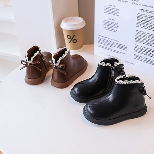 2024 New Autumn Children Boots Leather Girls Ankle Boots  Lace Butterfly-knot  Rubber Sole Fashion Toddler Kids Boots EU 21-30