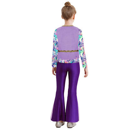 Girls Halloween Disco Hippie Western Cowgirl Carnival Cosplay Costume Printed Shirt Tops with Tassels Vest And Flared Pants Set