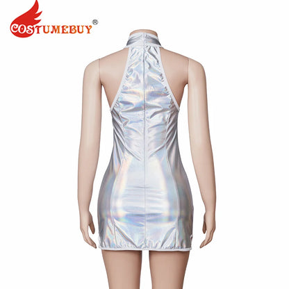 Austin Powers Elizabeth Hurley Cosplay Costume Sexy Femme Vanessa Kensington Argent Bretelles Dos Nu Slim Mini Robe pour Halloween