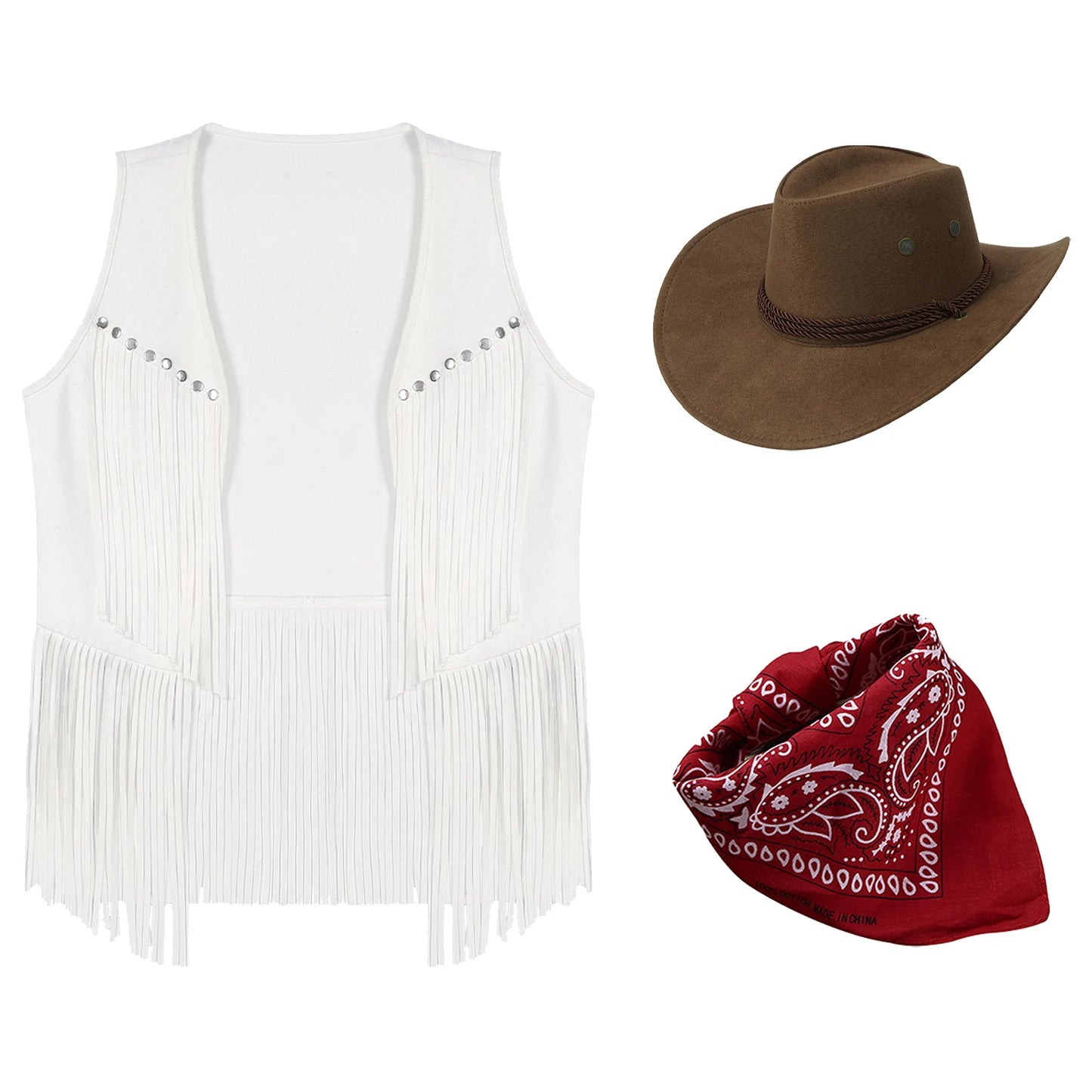 Gilet de cowboy pour femme, costume de cosplay, en faux daim, avec pompons et rivets, pour Halloween, avec bandana
