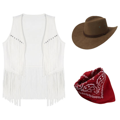 Gilet de cowboy pour femme, costume de cosplay, en faux daim, avec pompons et rivets, pour Halloween, avec bandana