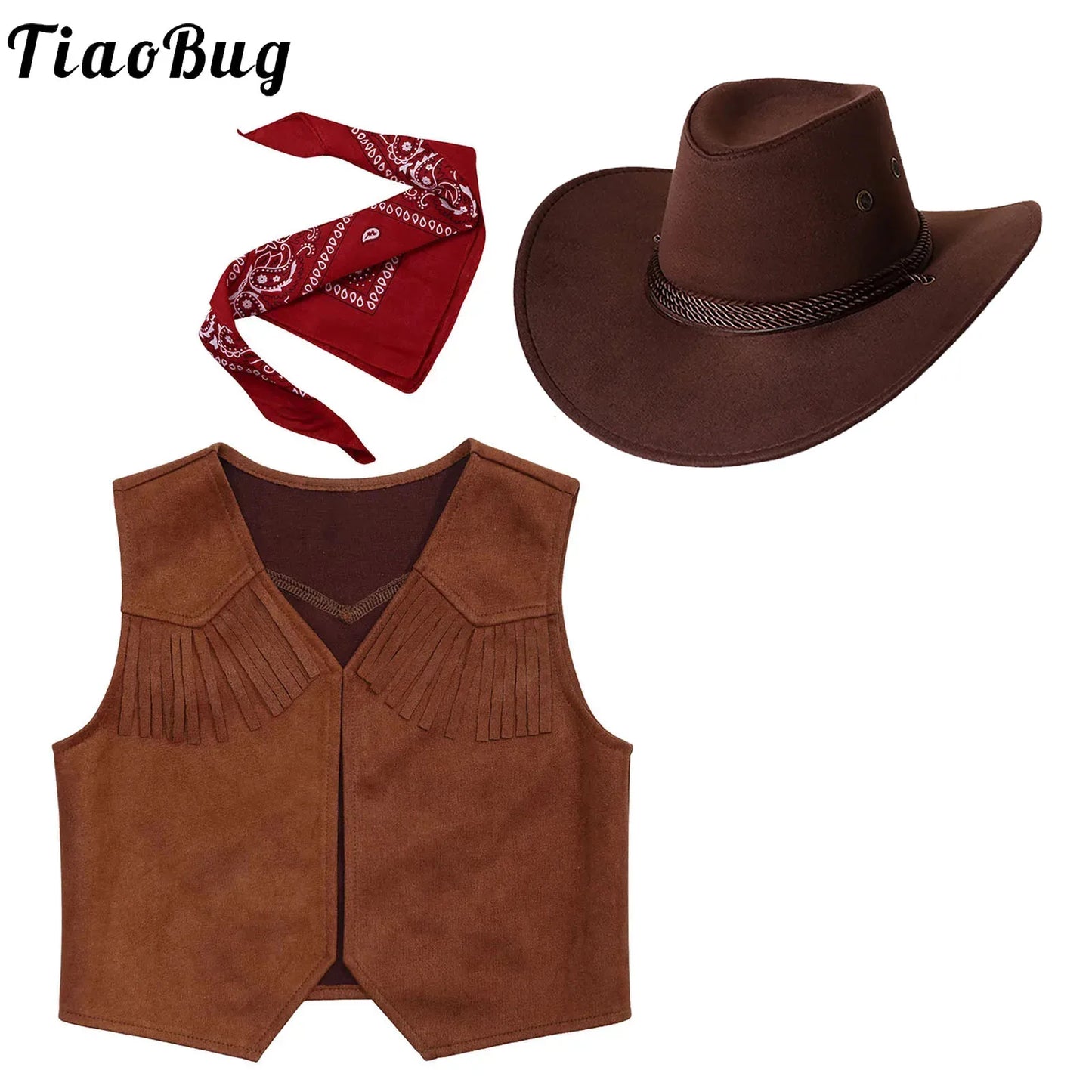 Costume de cow-boy et de cow-girl du Far West, déguisement d'Halloween, gilet sans manches à franges avec bandana et chapeau