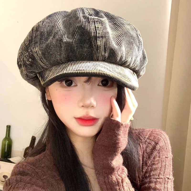 Bérets en velours côtelé rétro brodés avec lettres mignonnes pour femmes, petit chapeau de peintre littéraire polyvalent et décontracté pour printemps et automne