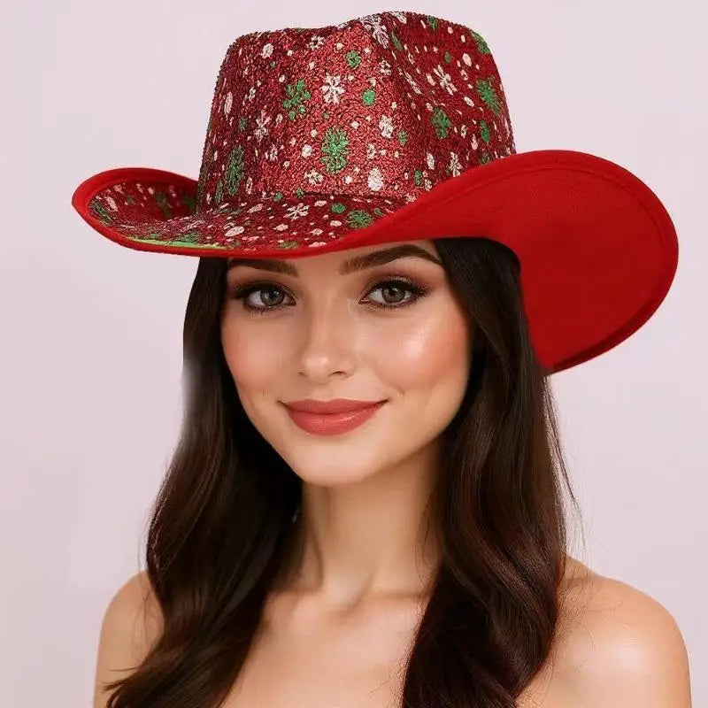 Chapeau de Cowboy de noël rouge, décoration du père noël, accessoires de fête de vacances, chapeau de Cowgirl à large bord, chapeau de Jazz