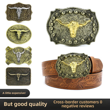 Ceinture ajustable en cuir style cowboy western, style punk, estampage en alliage, boucle de ceinture rétro américaine pour homme, accessoire de mode