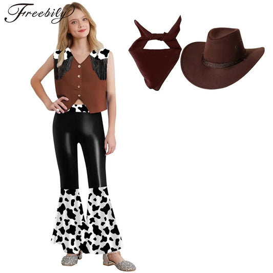 Costume de Cosplay de Cowgirl occidentale pour filles, gilet à pompons, pantalon à cloche, écharpe, chapeau, vêtements de danse Disco pour fête de carnaval