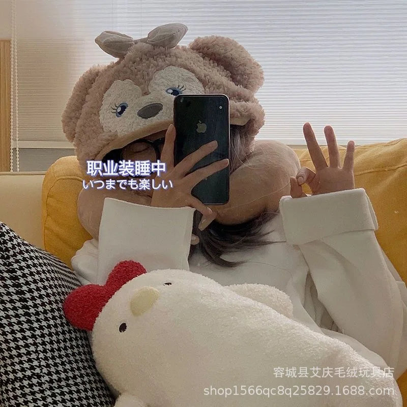 Cartoon plush Stitch Ling Nabelle U-shaped pillow with hooded neck pillow travel car plane office nap artifact girl gifts