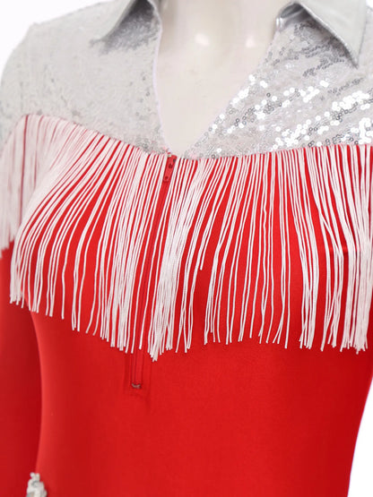Womens Halloween Western Cowgirl Playsuit Sparkly Cosplay Costume 70s 80s Disco Bodysuit Tassel Fringe Sequins Boyshorts Rompers