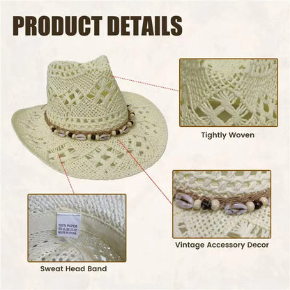 Chapeau de paille bohème d'été pour femmes et hommes, chapeaux de Cowboy de plage, perles en bois ajourées, chapeau de soleil oc