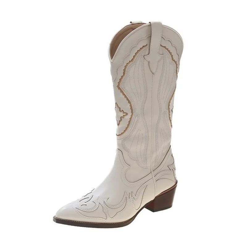 Bottes de cowboy brodées d'automne nouvelles chaussures à talons carrés et pointues bottes longues à la mode décontractée chaussures imperméables confortables