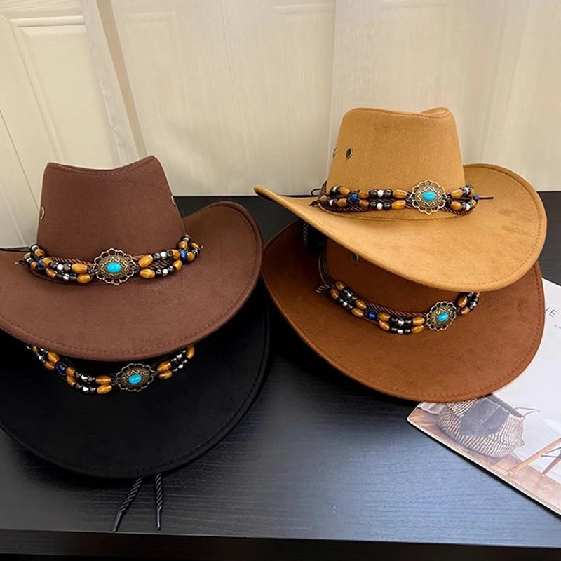 Chapeau de cowboy style western pour homme et femme, style rétro, à larges bords, style cowgirl, jazz, pour les fêtes, le cosplay