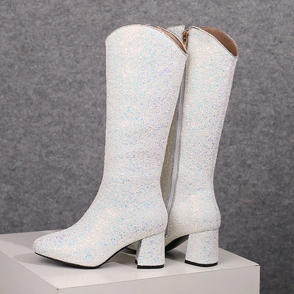 Grainy Sequin Women's Tall Boots Bling Sung Fit Knee High Boots 6.5cm Heels Comfy 2024 Winter Shoes