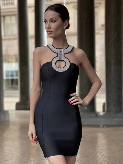 2022 New Bandage Dress Fashion Sexy Halter Neck Diamond Collar Short Skirt Banquet Party Little Black Dress-A1252