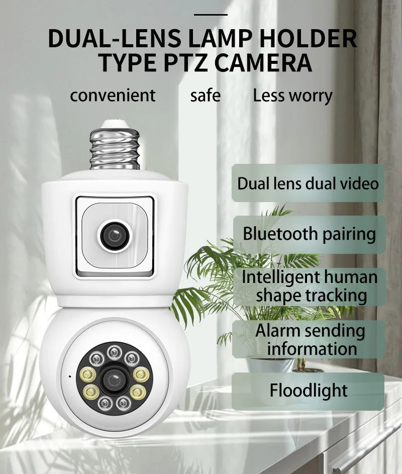 8MP E27 Bulb WiFi Camera 4K Dual Lens Dual Screen Cam Auto Tracking Two Way Audio Night Vision CCTV Security Protection ICSEE