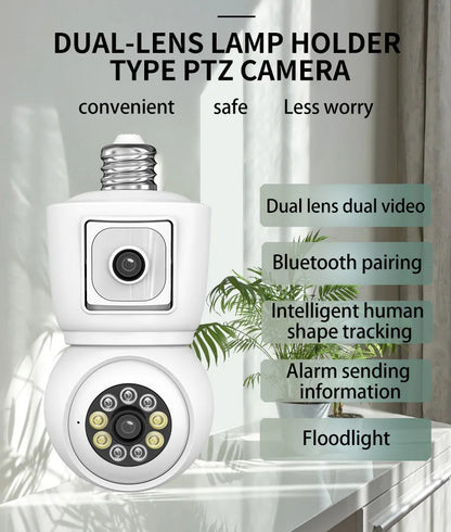 8MP E27 Bulb WiFi Camera 4K Dual Lens Dual Screen Cam Auto Tracking Two Way Audio Night Vision CCTV Security Protection ICSEE