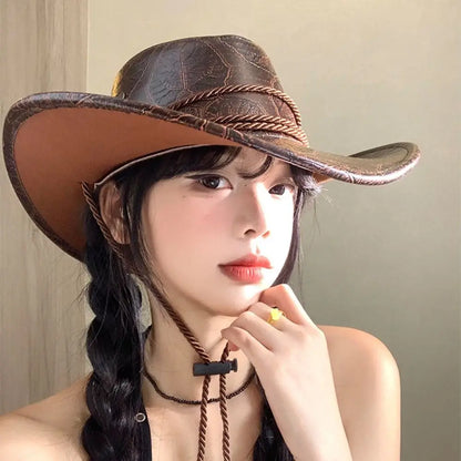 Chapeau de Cowboy occidental de Style ethnique Vintage, chapeau de chevalier en Polyester à bord roulé, chapeau de Jazz de Cowgirl noir/marron, Cosplay